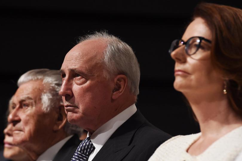 Former prime ministers Bob Hawke, Paul Keating and Julia Gillard.