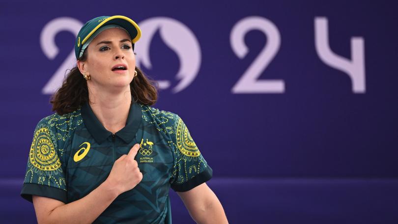 Australian breaker Rachael Gunn, also known as Raygun, during the B-Girls Round Robin breaking competition at the 2024 Paris Olympic Games.