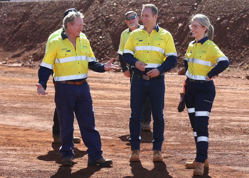 Fortescue (FMG) have officially opened their Green Energy Hub at the Christmas Creek mine site in the Pilbara. Pictured is FMG chair Andrew Forrest, FMG CEO Dino Otranto and FMG head of decarb delivery Sinead Booth at the mine site. 