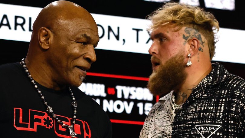 Mike Tyson (L) and Jake Paul have faced off in New York to publicise their November ring showdown. (EPA PHOTO)