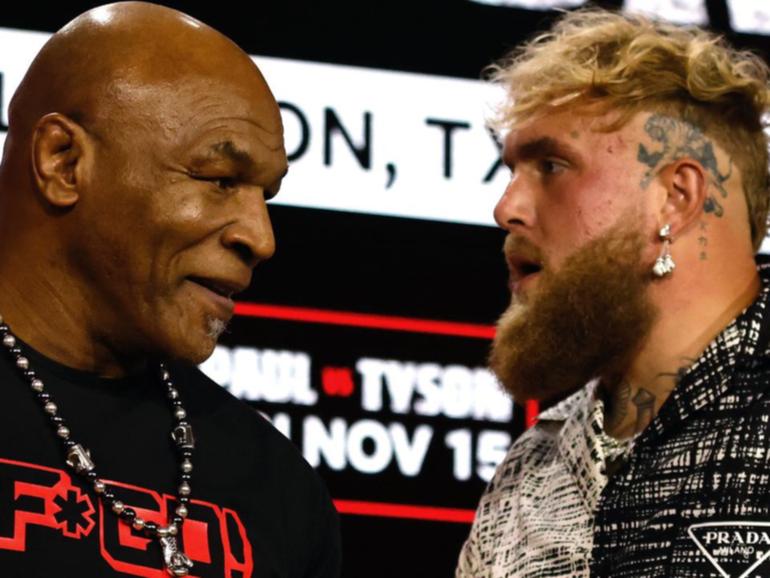 Mike Tyson (L) and Jake Paul have faced off in New York to publicise their November ring showdown.  (EPA PHOTO)