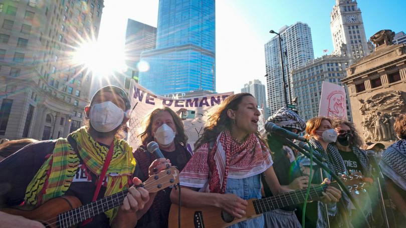 Protesters demonstrate in the lead-up to the Democratic National Convention in Chicago. 