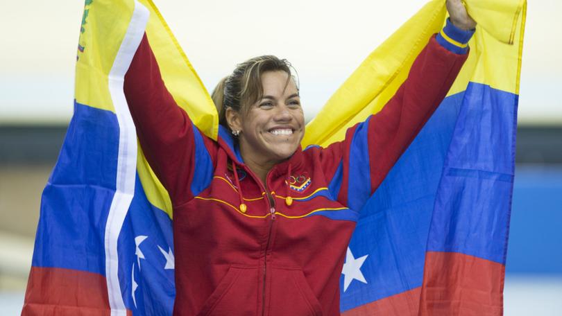 Daniela Larreal of Venezuela after winning the gold medal in women's sprint at the X South American Games Santiago 2014.