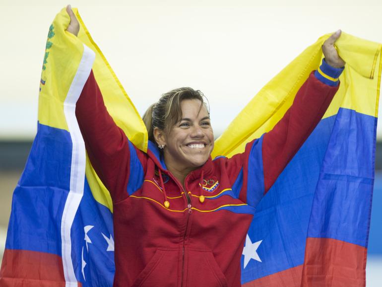 Daniela Larreal of Venezuela after winning the gold medal in women's sprint at the X South American Games Santiago 2014.