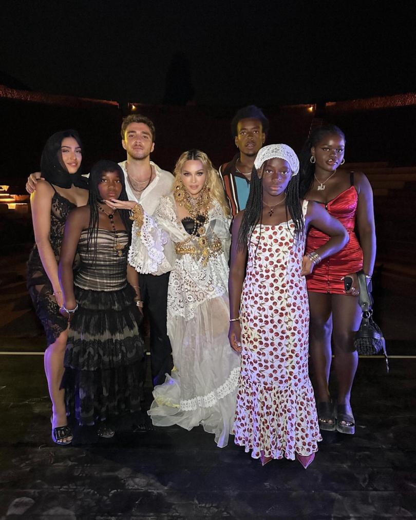 Madonna shared a plethora of glamorous snaps from her epic 66th birthday celebrations to Instagram. The songstress posted snaps from her lavish celebrations in Italy to her account on Monday morning, featuring photos of her birthday bash with her new boyfriend Akeem Morris, 28, and her six children. 
PICTURED: The post included a sweet family shot of Madonna with her children, Lourdes Leon, Rocco, David Banda, 18, Mercy, 18, and 11-year-old twins Stella and Estere