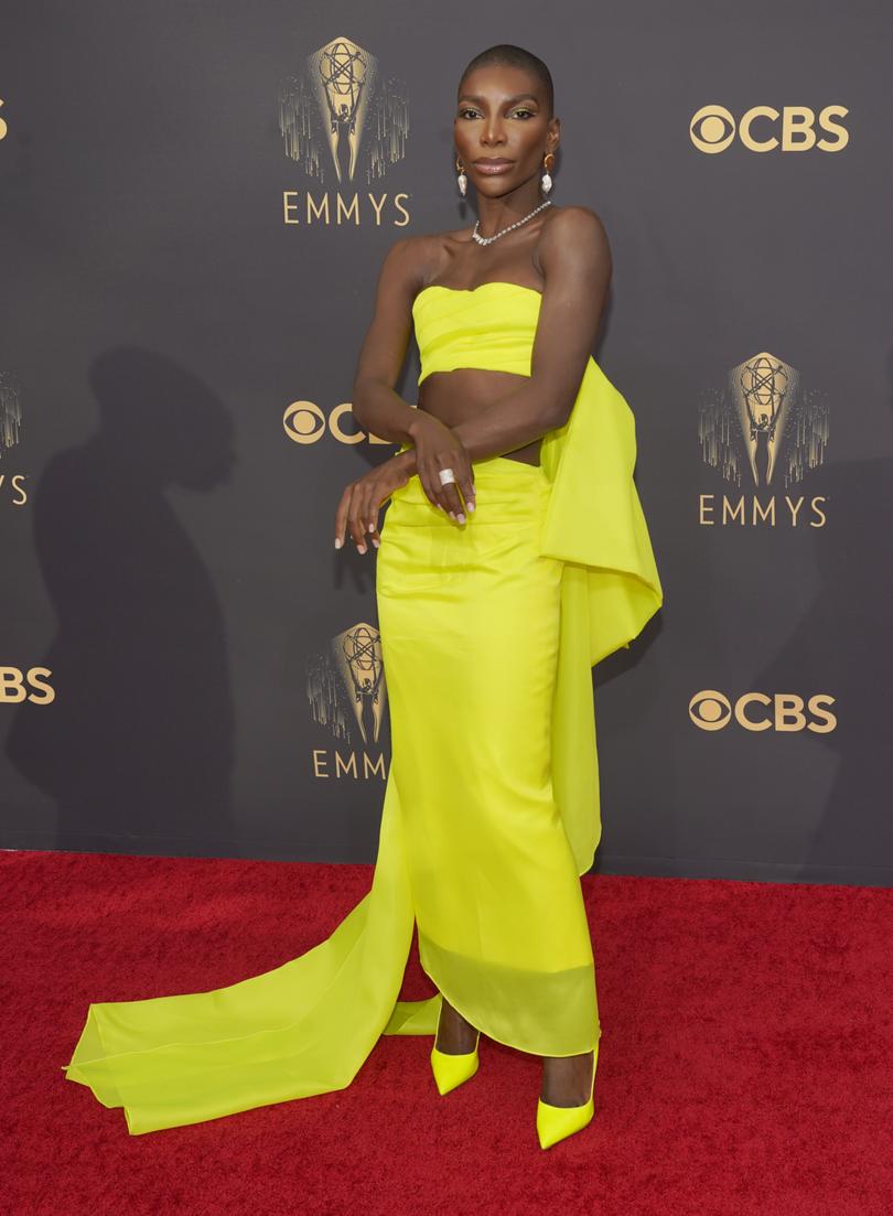 Michaela Coel arrives at the 73rd Primetime Emmy Awards on Sunday, Sept. 19, 2021, at L.A. Live in Los Angeles. (AP Photo/Chris Pizzello)