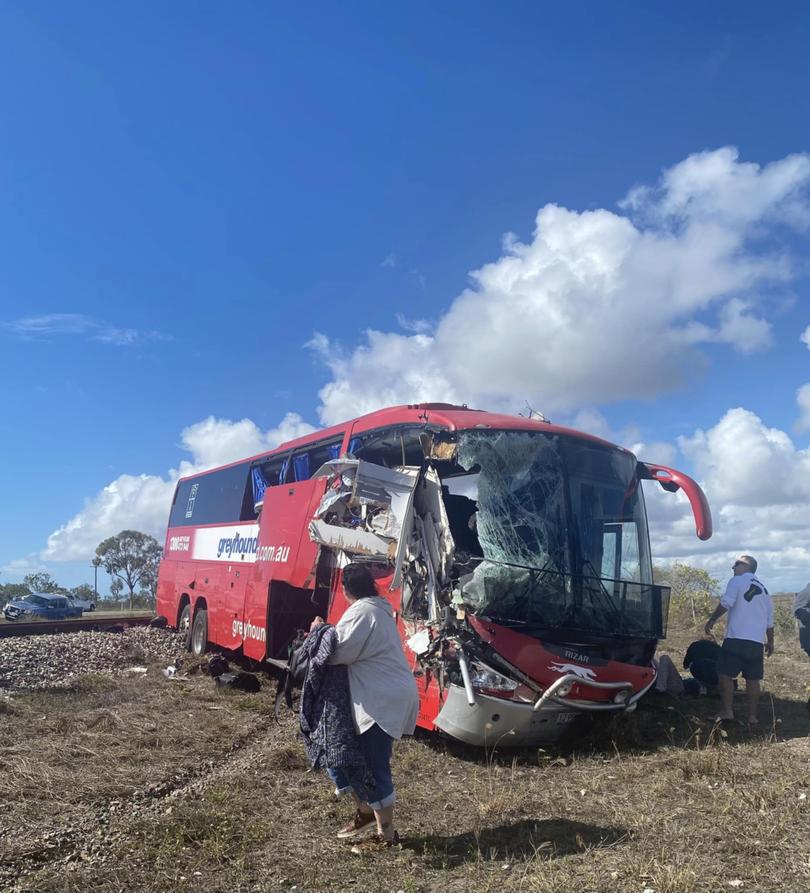 Remains of a Greyhound bus that crashed on the Bruce Highway at Gumlu, south of Townsville.