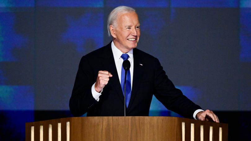 US President Joe Biden during the Democratic National Convention (DNC) at the United Center in Chicago, Illinois, US, on Monday, Aug. 19, 2024..