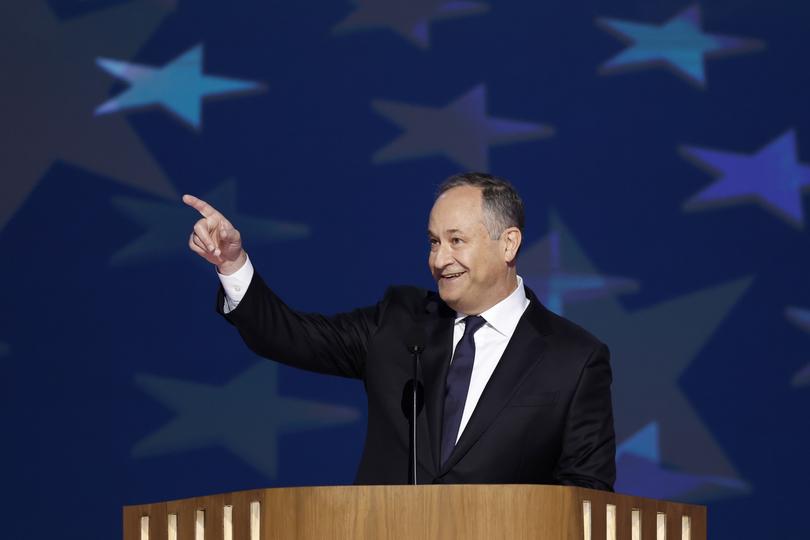 US Second Gentleman Doug Emhoff speaks on the second night of the Democratic National Convention.