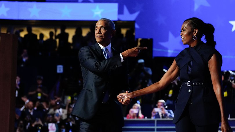 Former president Barack Obama joins former first lady Michelle Obama on the second day of the Democratic National Convention.