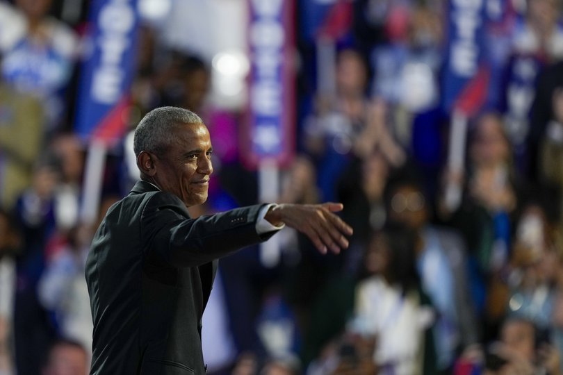 Former President Barack Obama speaks during the Democratic National Convention Tuesday, Aug. 20, 2024, in Chicago. (AP Photo/Matt Rourke)