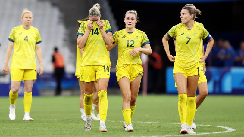 Alanna Kennedy shows her dejection after losing the Women's group B match between Australia and United States during the Olympic Games Paris.