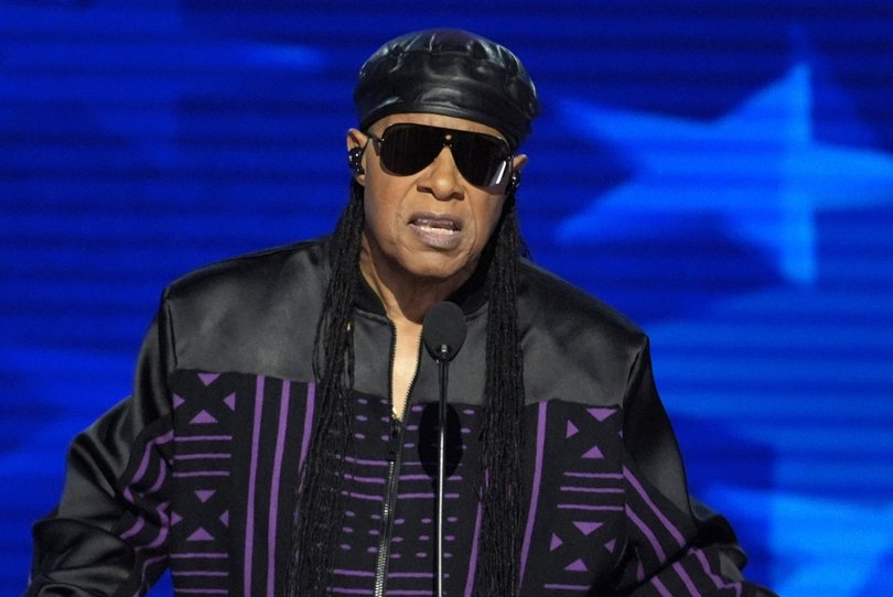 Stevie Wonder speaks during the Democratic National Convention Wednesday, Aug. 21, 2024, in Chicago. (AP Photo/J. Scott Applewhite)