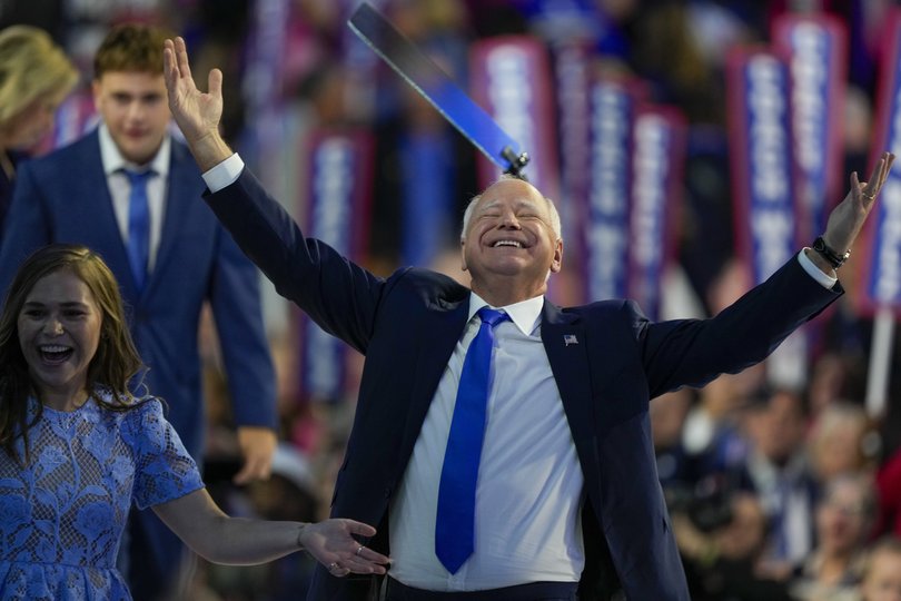 Democratic vice presidential nominee Minnesota Gov. Tim Walz reacts during the Democratic National Convention Wednesday, Aug. 21, 2024, in Chicago. (AP Photo/Matt Rourke)