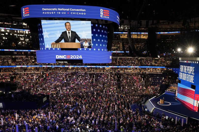 Pennsylvania Gov. Josh Shapiro speaks during the Democratic National Convention Wednesday, Aug. 21, 2024, in Chicago. (AP Photo/Morry Gash)