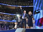 Tim Walz with wife Gwen and friends and family members onstage during the third day of the Democratic National Convention.