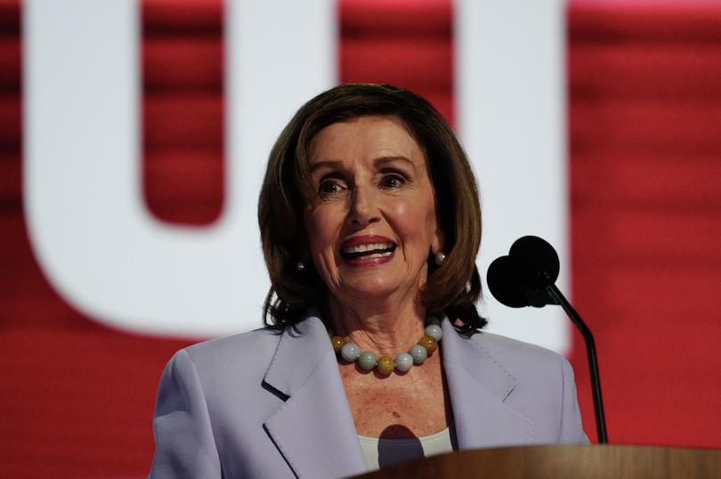 Former House speaker Nancy Pelosi addresses the convention crowd on Wednesday.