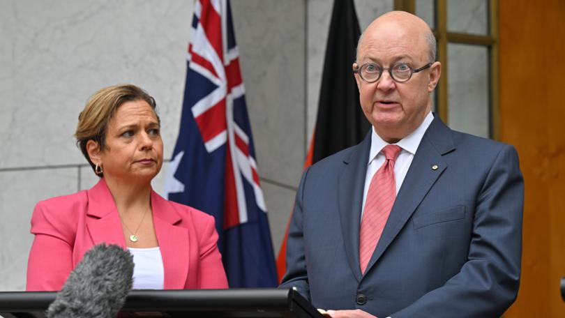 Minister for Communications Michelle Rowland and ABC chair Kim Williams after his appointment. 