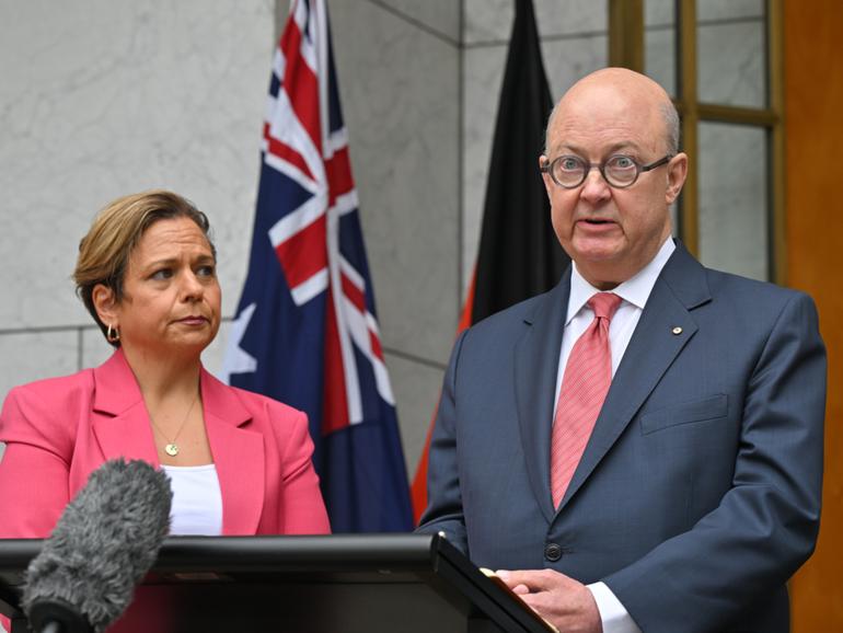 Minister for Communications Michelle Rowland and ABC chair Kim Williams after his appointment. 