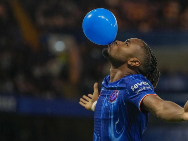 Christopher Nkunku celebrates after scoring Chelsea's opener from the penalty spot against Servette. (AP PHOTO)