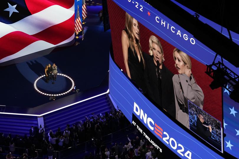 The Chicks sing the national anthem during the Democratic National Convention Thursday, Aug. 22, 2024, in Chicago. (AP Photo/Morry Gash)