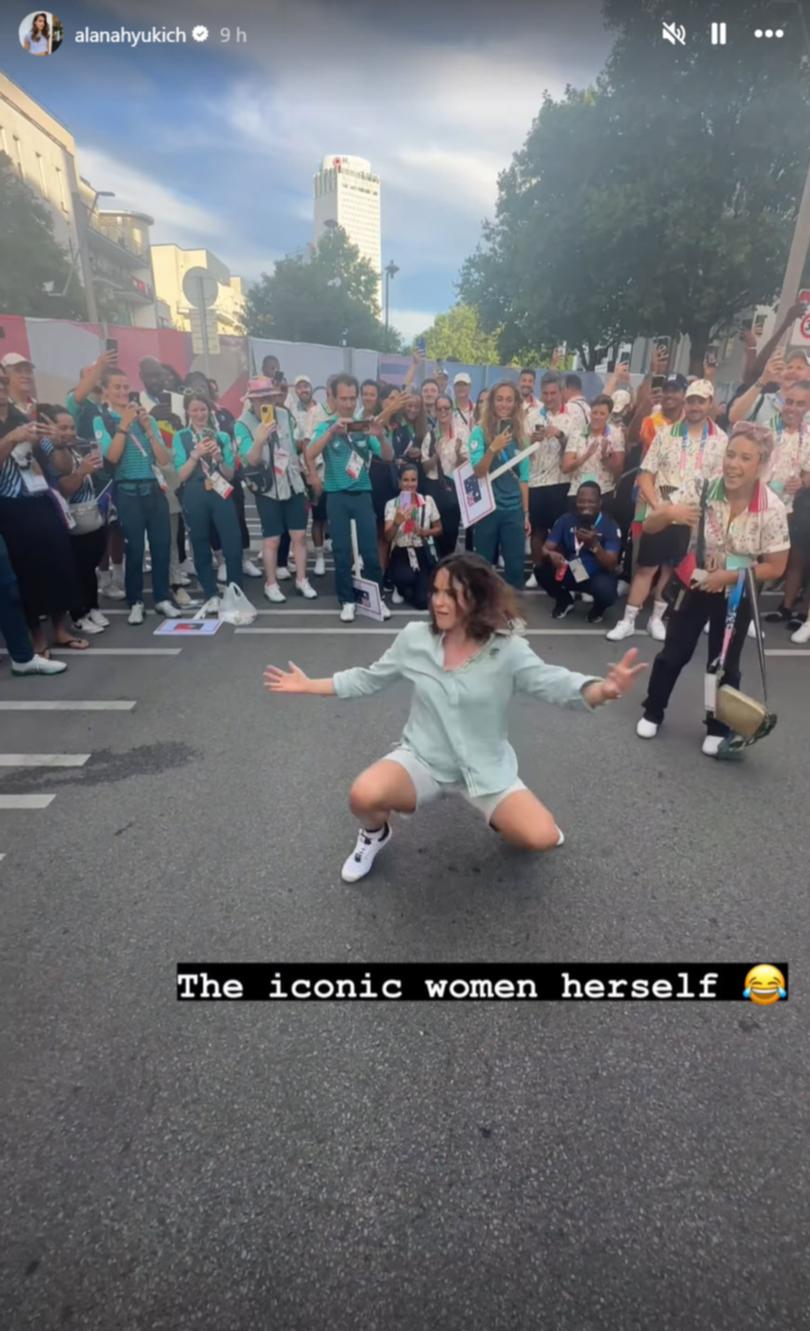 Rachael Gunn aka "Raygun" breakdancing before the Paris olympics closing ceremony.