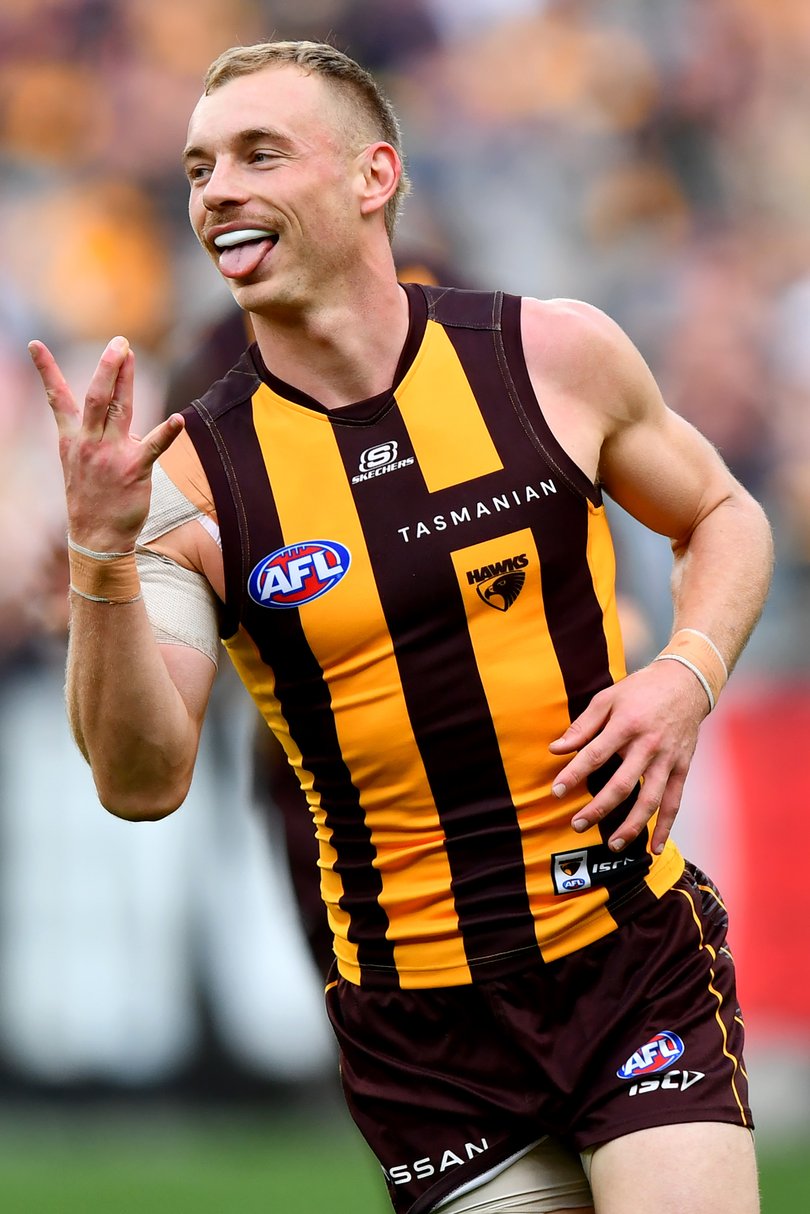 MELBOURNE, AUSTRALIA - AUGUST 18: James Worpel of the Hawks celebrates kicking a goal during the round 23 AFL match between Hawthorn Hawks and Richmond Tigers at Melbourne Cricket Ground, on August 18, 2024, in Melbourne, Australia. (Photo by Josh Chadwick/AFL Photos/via Getty Images)