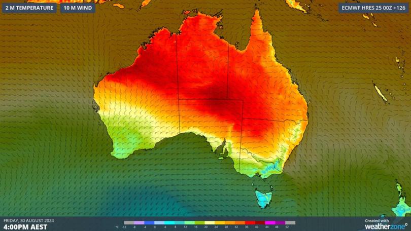 Forecast temperature and wind at 4pm AEST on Friday, August 30.