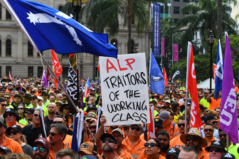 Construction, Forestry and Maritime Employees Union (CFMEU) workers participate in a rally in Brisbane.