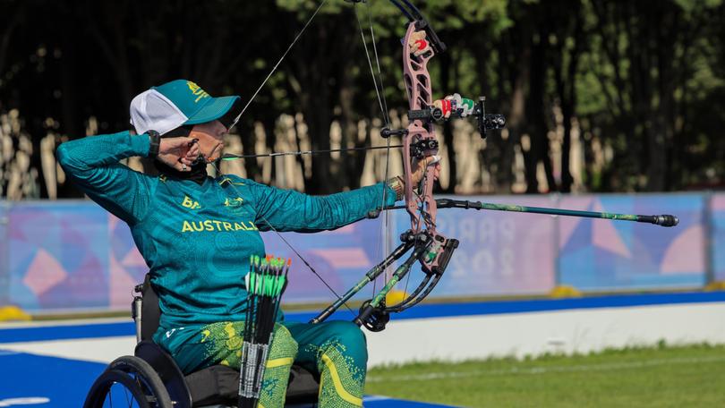 Para-archer Ameera Lee of Australia draws her bow in preparation for the 2024 Paris Summer Paralympics Games in Paris, France, Thursday, August 22, 2024. (AAP Image/Paralympics Australia, Drew Chislett) NO ARCHIVING DREW CHISLETT