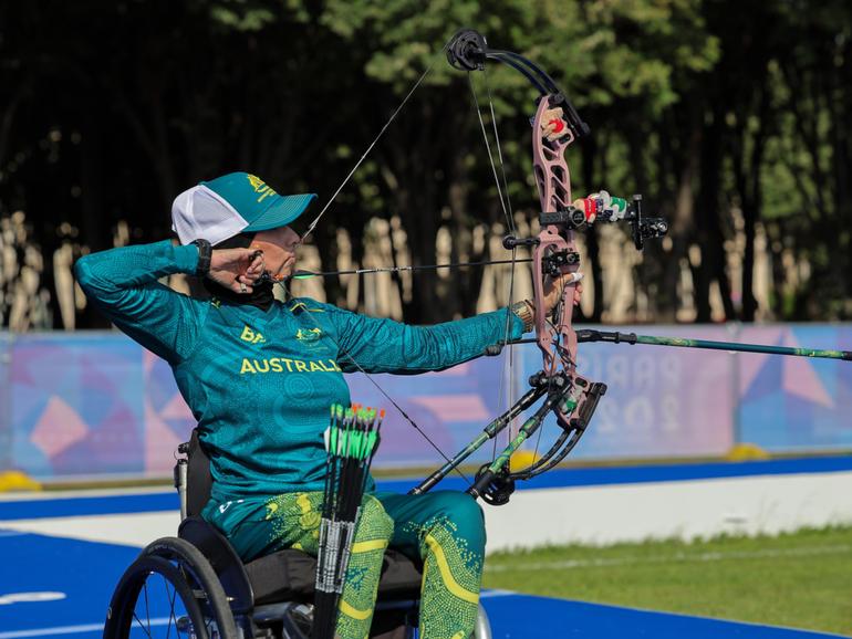 Para-archer Ameera Lee of Australia draws her bow in preparation for the 2024 Paris Summer Paralympics Games in Paris, France, Thursday, August 22, 2024. (AAP Image/Paralympics Australia, Drew Chislett) NO ARCHIVING DREW CHISLETT