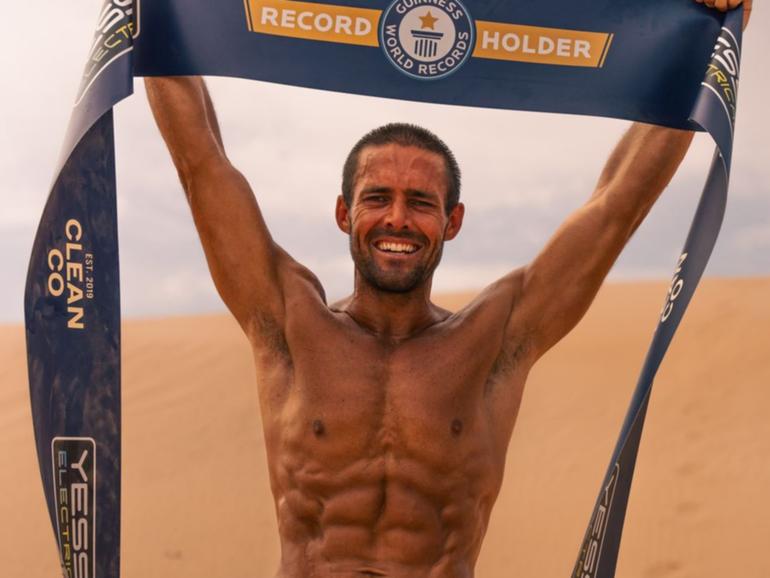 Spencer Matthews celebrates the finish of his charity challenge.