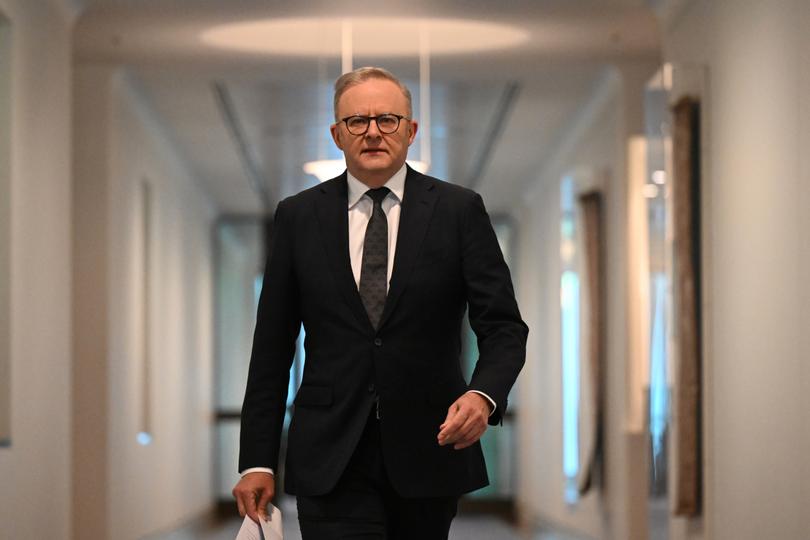 Australian Prime Minister Anthony Albanese arrives for a press conference at Parliament House in Canberra, Sunday, July 28, 2024. (AAP Image/Lukas Coch) NO ARCHIVING