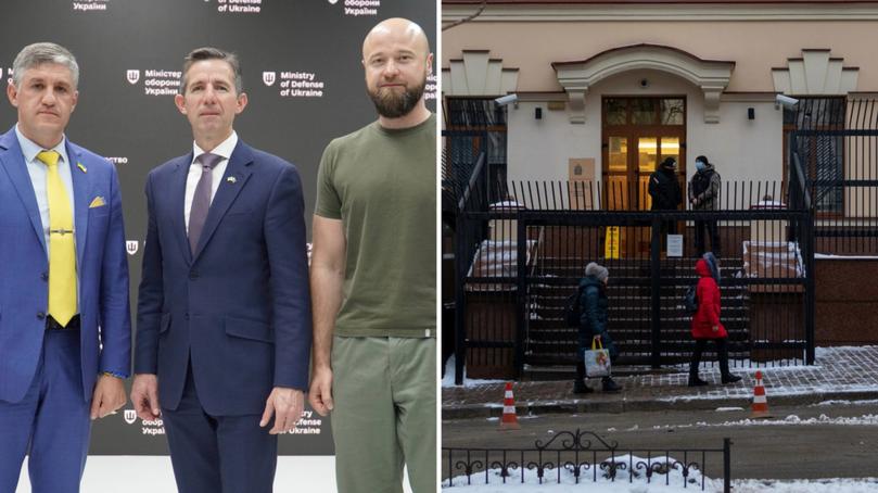 Deputy defence minister for Euro Atlantic integration Dr Oleksandr Balanutsa, left, opposition foreign spokesman Simon Birmingham and deputy minister of defence Dmytro Klimenkov in Ukraine.