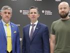 Deputy defence minister for Euro Atlantic integration Dr Oleksandr Balanutsa, left, opposition foreign spokesman Simon Birmingham and deputy minister of defence Dmytro Klimenkov in Ukraine.