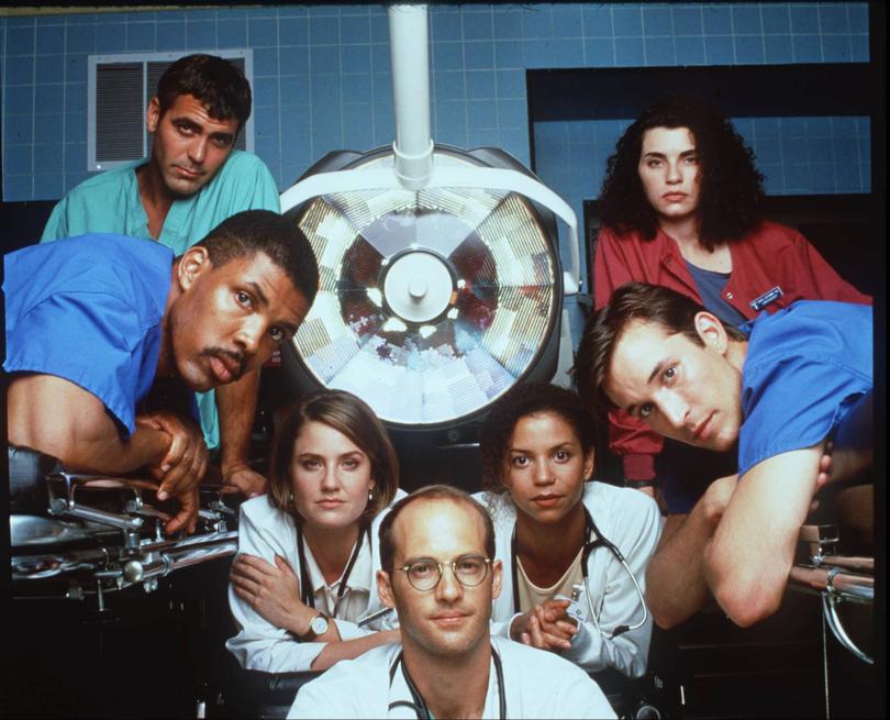 FOR USE WITH FEATURE PACKAGE FOR SUNDAY, SEPT. 8--FILE--The cast of NBC's "ER" pose in this undated photo. From left: George Clooney, Eriq La Salle, Sherry Stringfield, Anthony Edwards, Gloria Reuben, Noah Wyle and Julianna Margulies. (AP Photo/David Strick, NBC)