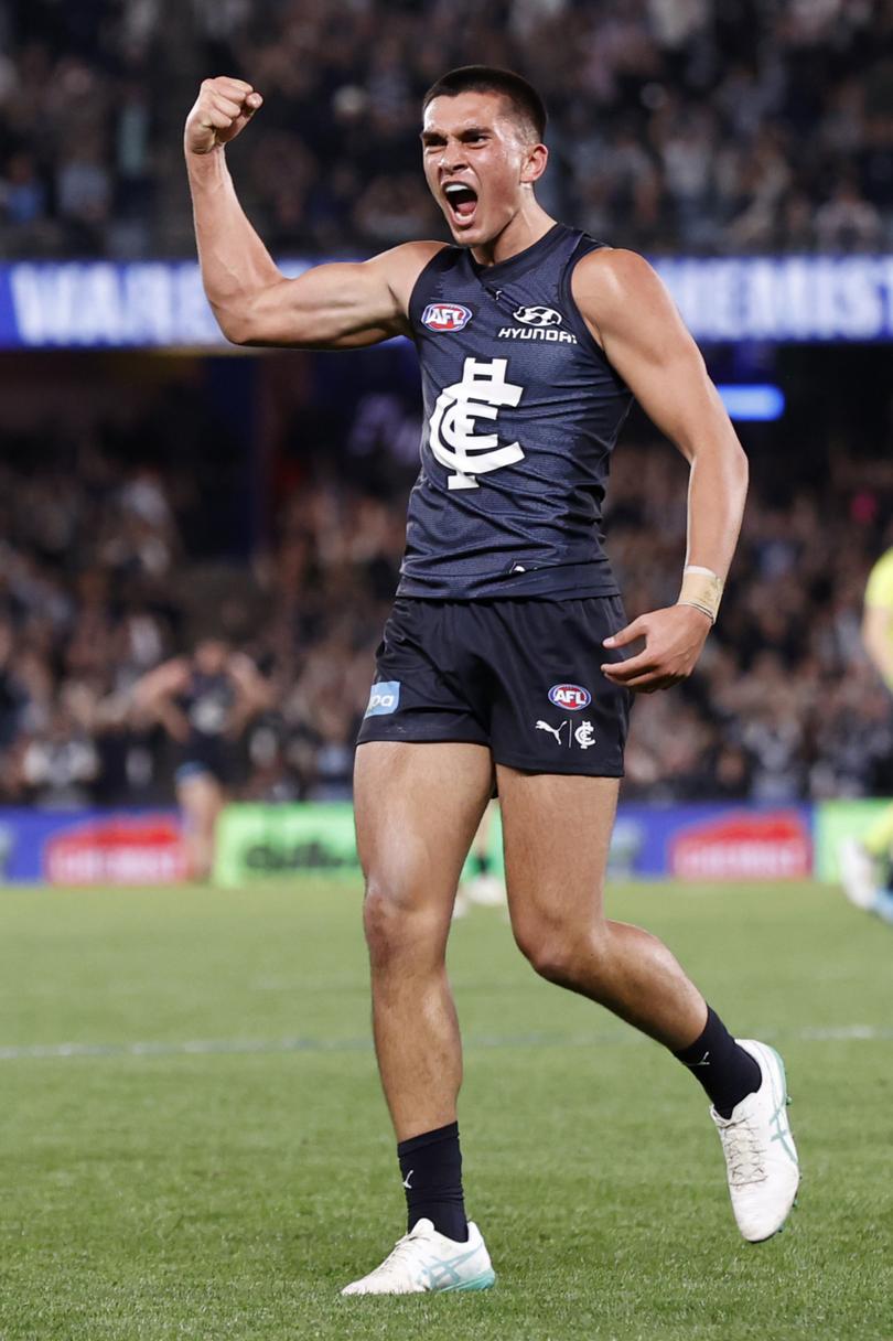 MELBOURNE, AUSTRALIA - AUGUST 25:  Ashton Moir of the Blues celebrates a goal  during the round 24 AFL match between Carlton Blues and St Kilda Saints at Marvel Stadium, on August 25, 2024, in Melbourne, Australia. (Photo by Darrian Traynor/Getty Images)