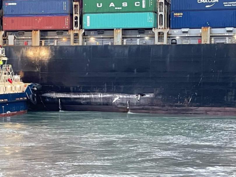 A shipping container has smashed into the Leeuwin in Fremantle Port, heavily damaging it. Neil Macleod