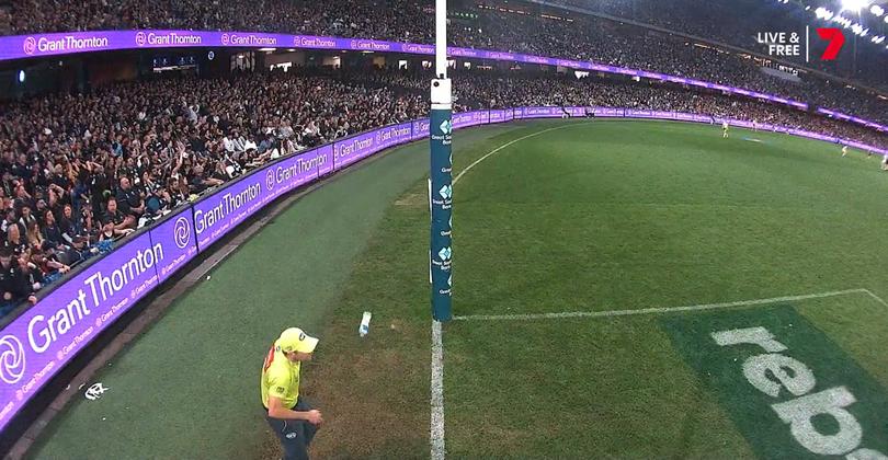 An AFL fan has been banned for life for striking a goal umpire with a water bottle 7 AFL