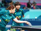 QianYang (left) and LinaLei of Australia in action against Brazil. (Greg Smith/AAP PHOTOS)