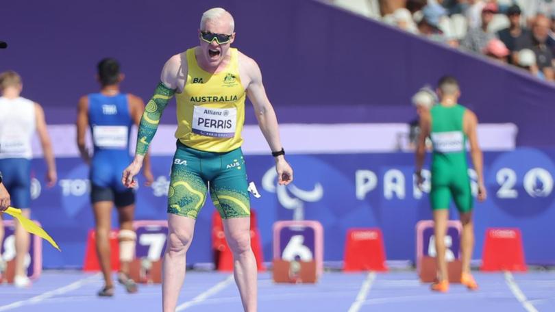 Chad Perris's passion after qualifying for the men's 100m T13 final is obvious. (Drew Chislett/AAP PHOTOS)