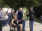 Donald Trump took part in a ceremony placing a wreath at Arlington National Cemetery. (AP PHOTO)