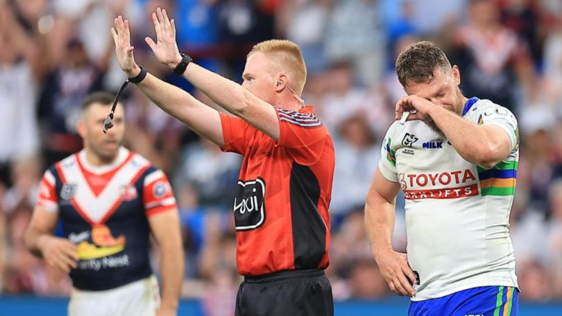 Canberra skipper Elliott Whitehead is facing a 3-4 game NRL ban for a hip-drop tackle. (Mark Evans/AAP PHOTOS)