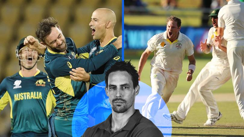 Ashton Agar celebrates with Glenn Maxwell during the T20  World Cup and Ryan Harris after the famous 2014 Test win.