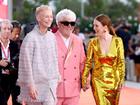 Pedro Almodovar flanked by his stars Tilda Swinton and Julianne Moore at the premiere of The Room Next Door at Venice.