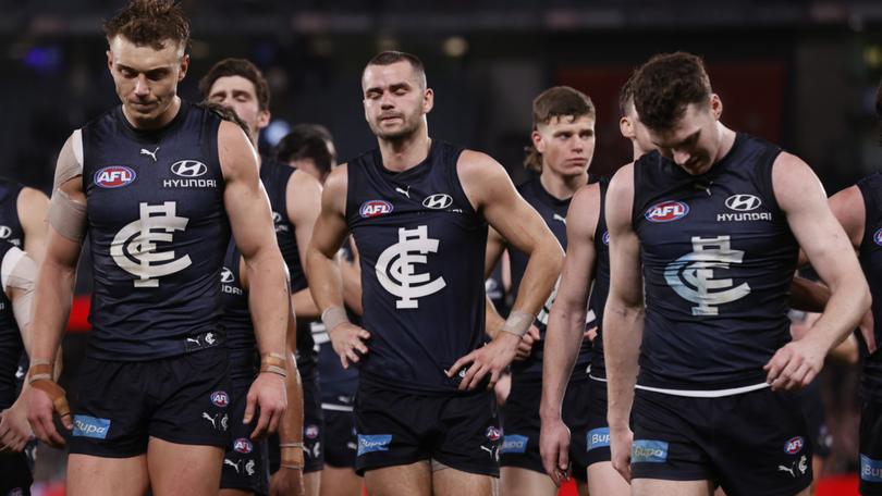 Carlton players after their loss to St Kilda. The team will be boosted by the return of Sam Docherty this Saturday.