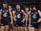 Carlton players after their loss to St Kilda. The team will be boosted by the return of Sam Docherty this Saturday.