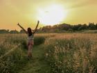 woman, field, sun