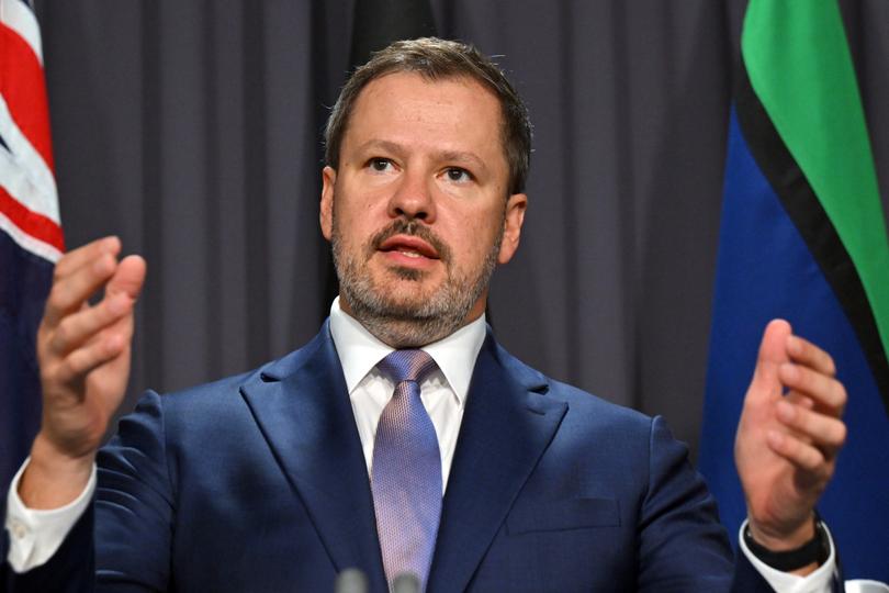 Minister for Industry Ed Husic speaks to the media at a press conference at Parliament House in Canberra, Wednesday, January 17, 2024. (AAP Image/Mick Tsikas) NO ARCHIVING