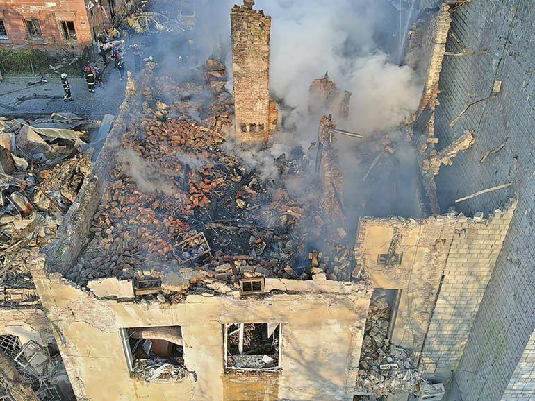 Smoke rises from a building which was destroyed by a Russian strike in Lviv, Ukraine on Wednesday.